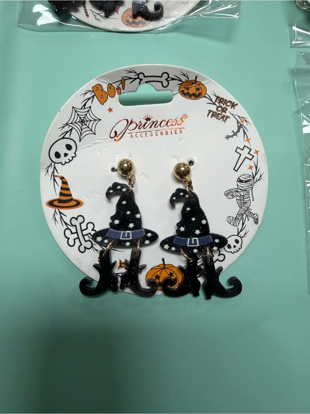 Halloween Witch Hat & Boots Dangle Earrings - Black with Blue Accent